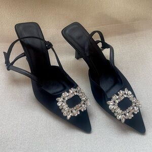 Black Satin Pumps Sling Back Diamond Embellished Heels 10